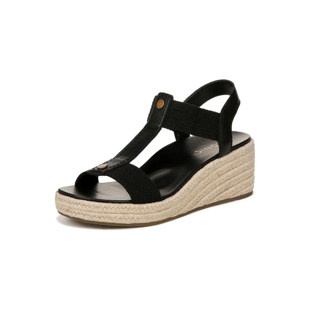 Vionic Calera Black Espadrille Wedge Sandals Womens 10 T-Strap Platform Orthotic